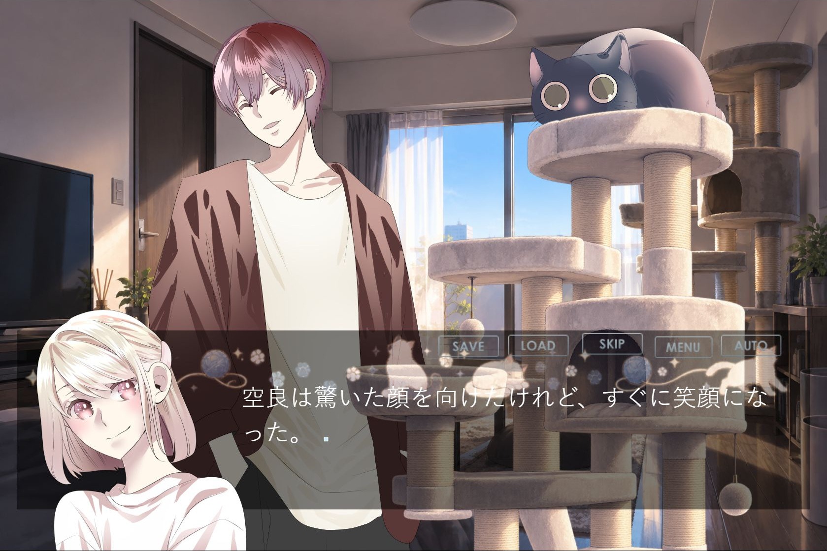 写真を頼まれた空良が驚いた顔から笑顔になったと表示され、部屋には黒猫とキャットタワーが見える