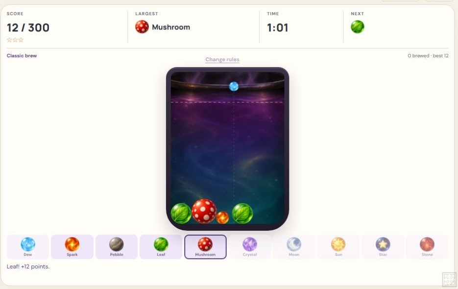 石が葉に変わり、Leaf! +12 points.と表示。スコアは12。