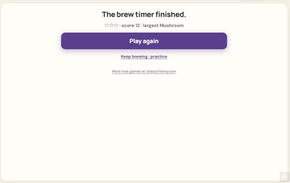 The brew timer finished.と表示され、星0、score12、largestMushroomの結果が出ている。