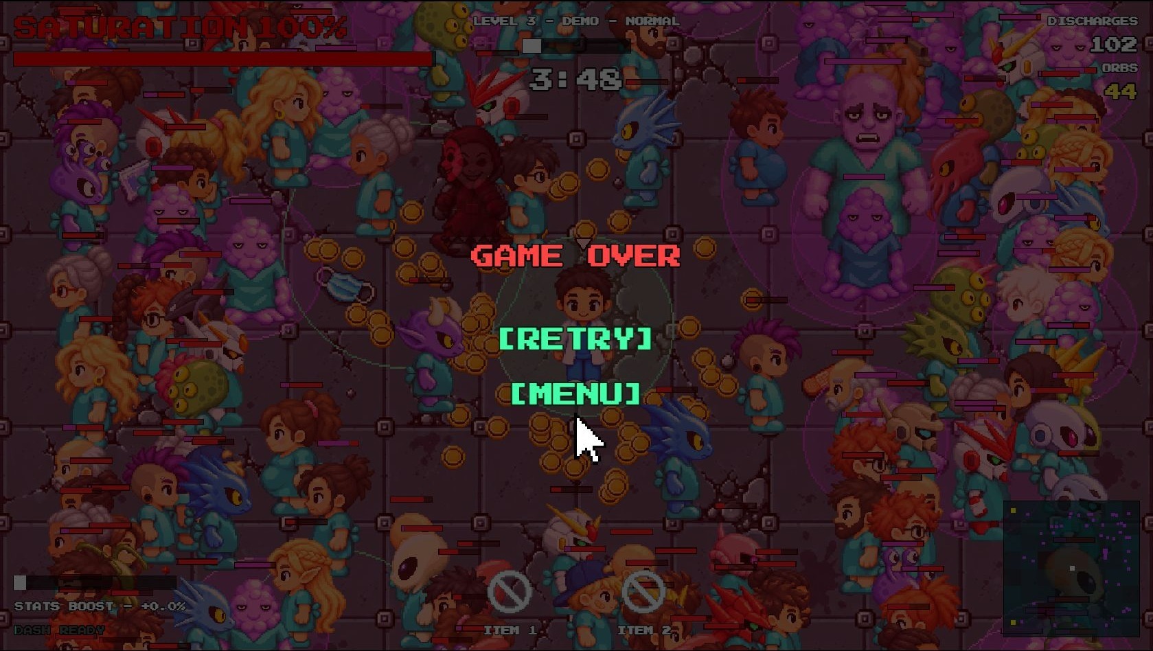 SATURATION 100%とGAME OVERが表示され、患者で埋まった病棟のHUDにLevel 3、Discharges 102、Orbs 44が見える。