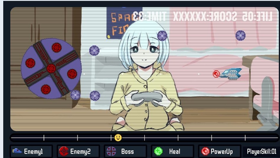 少女の手前を横切るシューティング画面。左に丸いボス、周囲に紫の弾、右に自機と強化アイテムがある