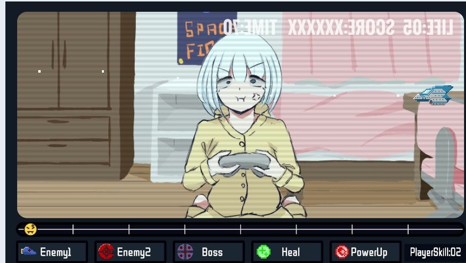 頬を膨らませた少女と、左端に寄った黄色い感情メーター。下に敵や回復などの操作ボタンが並ぶ