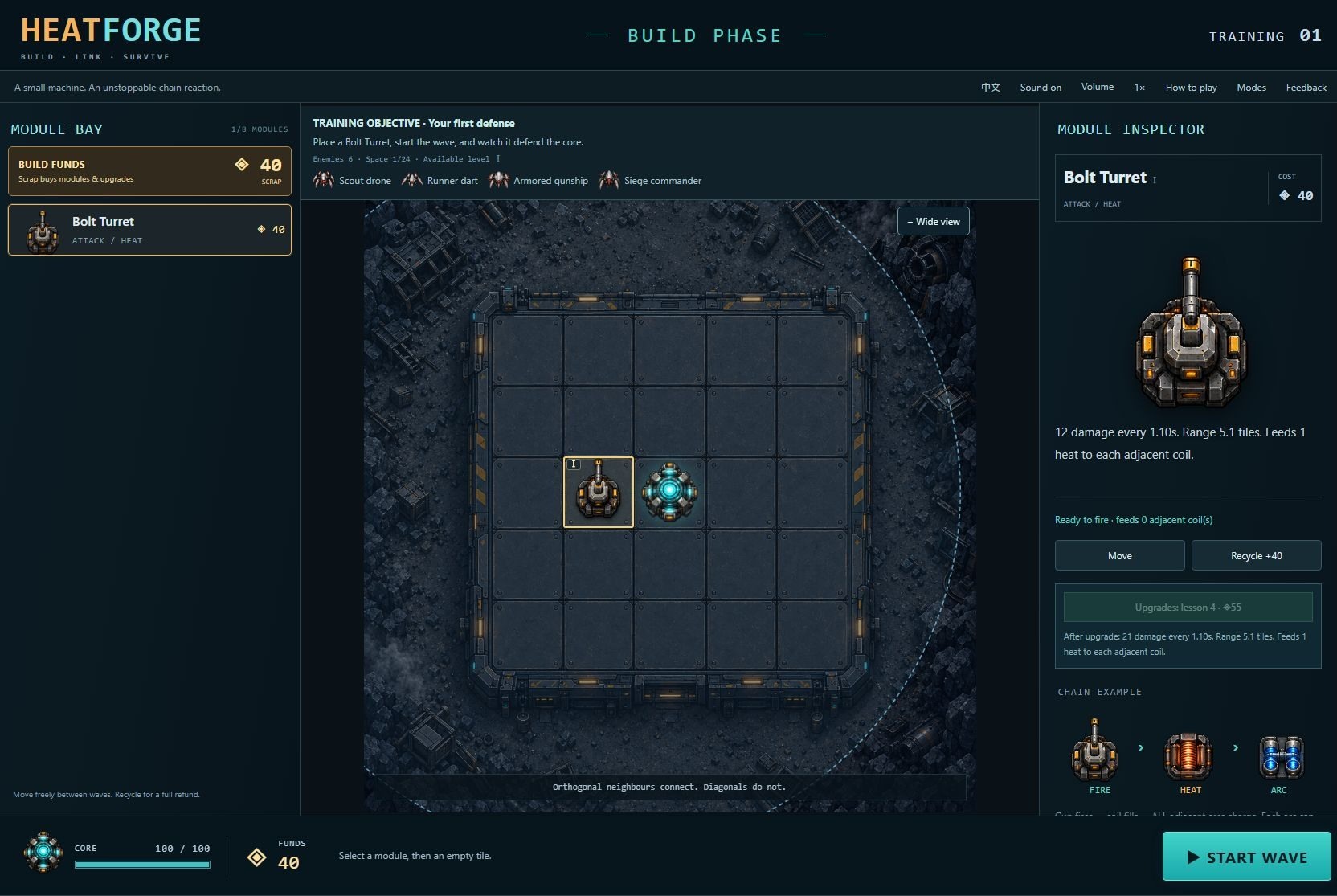 Training 1でBolt Turretを中央Coreの左隣に置き、Build Fundsが40 scrap。