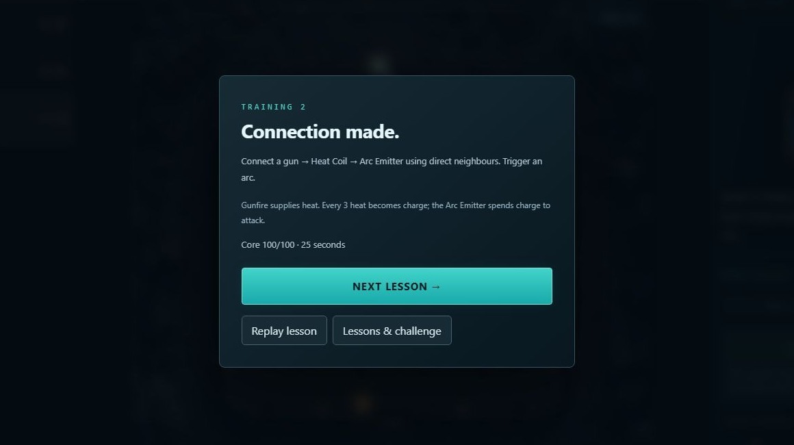 Training 2の結果画面にConnection made、Core 100/100、25 secondsと表示。