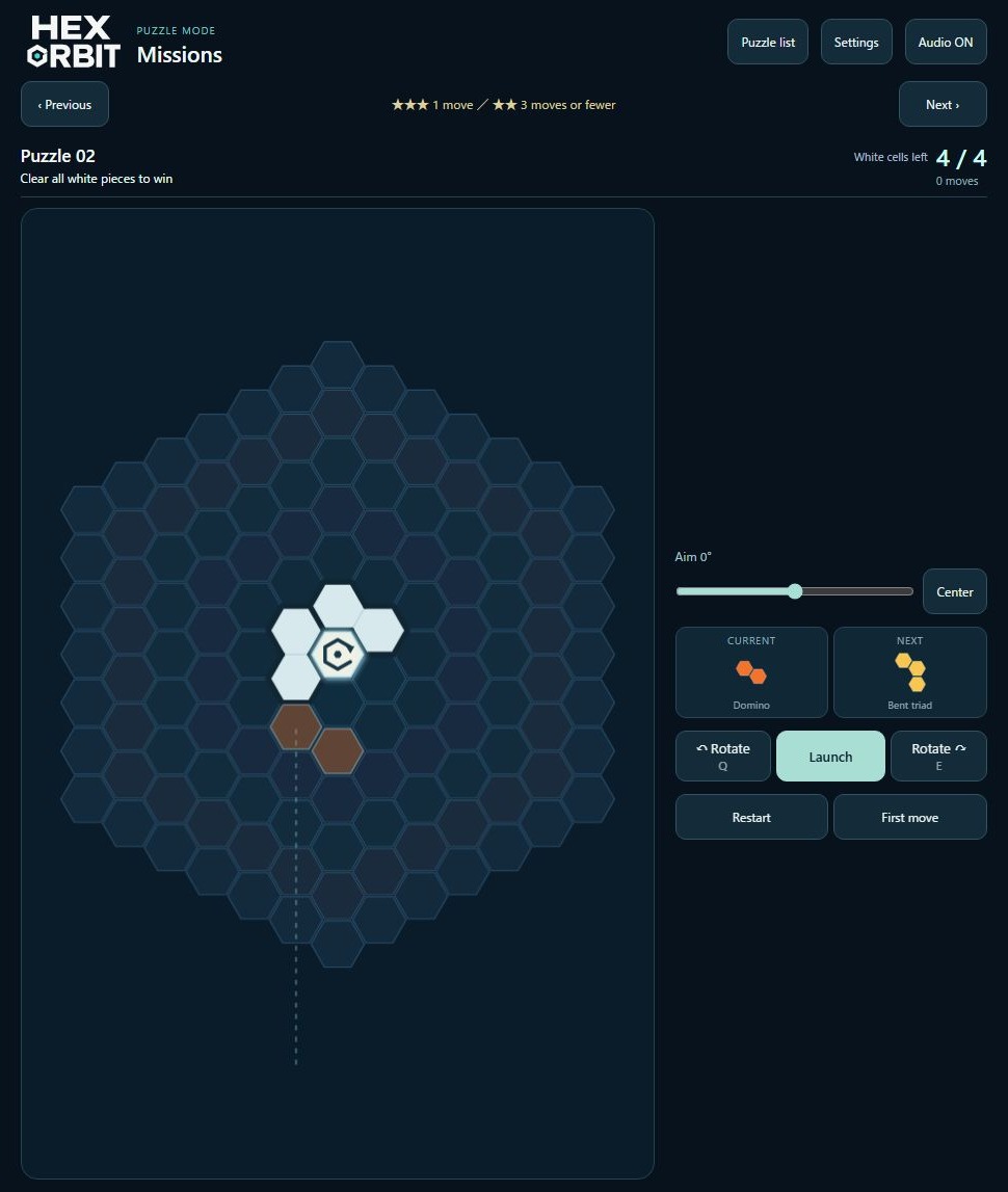 HEX ORBITのPuzzle 02開始画面。白い目標は4/4、手数0、現在のピースはDomino。