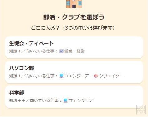13歳の部活選択画面。生徒会・ディベート、パソコン部、科学部の3つが表示されている