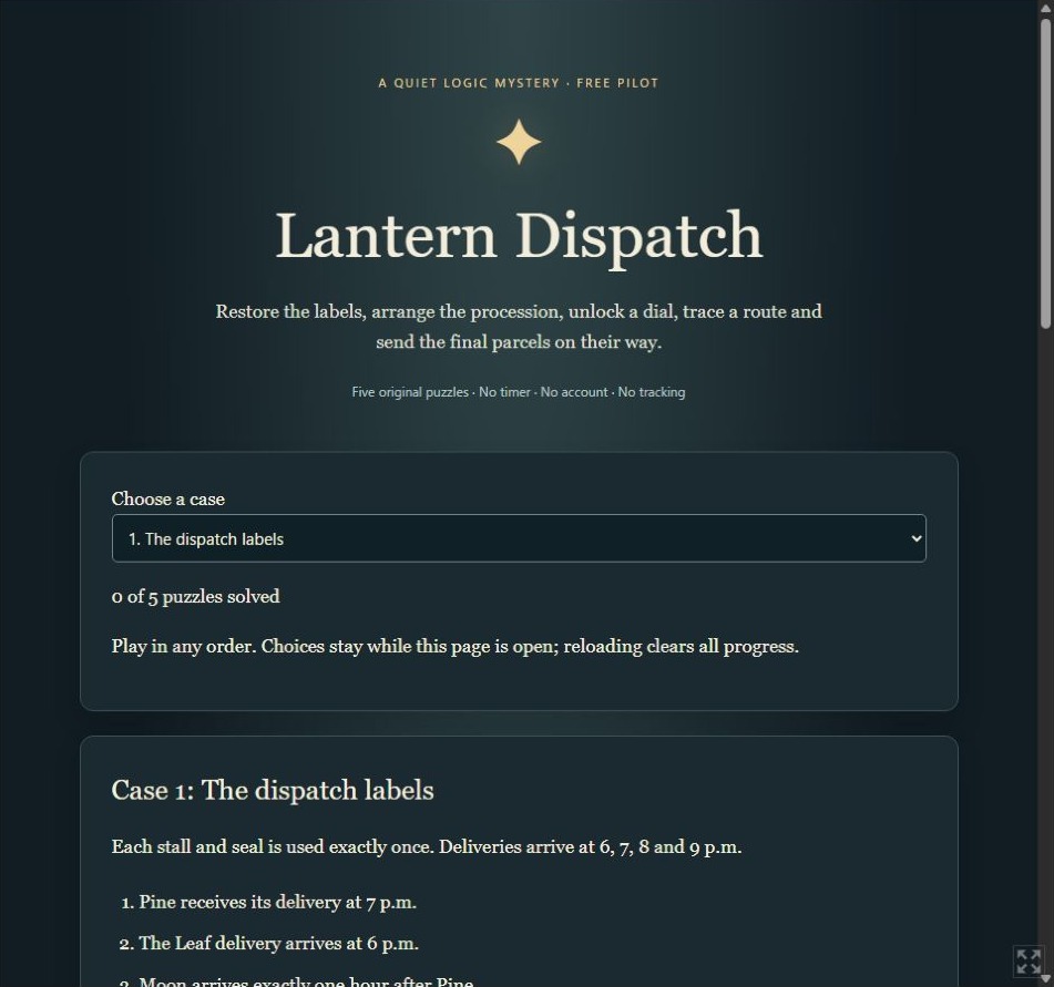 Lantern Dispatchのタイトル、5つのケース選択、ケース1の冒頭。