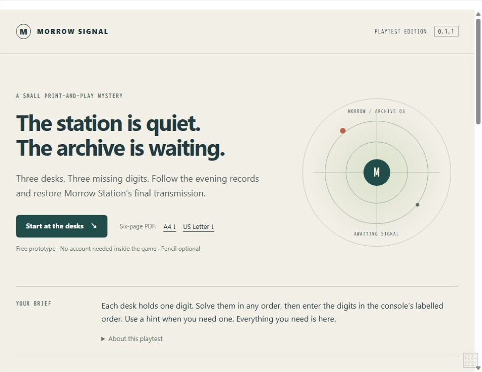 Morrow Signalのタイトル画面。「The station is quiet. The archive is waiting.」と表示。
