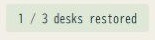 ゲーム内の進捗表示「1 / 3 desks restored」。