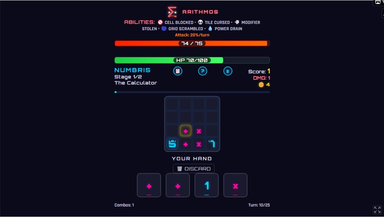 縦に1×1をそろえた直後の画面。Chain 1、Score 1、DMG 1、ボスHP74/75が表示されている。