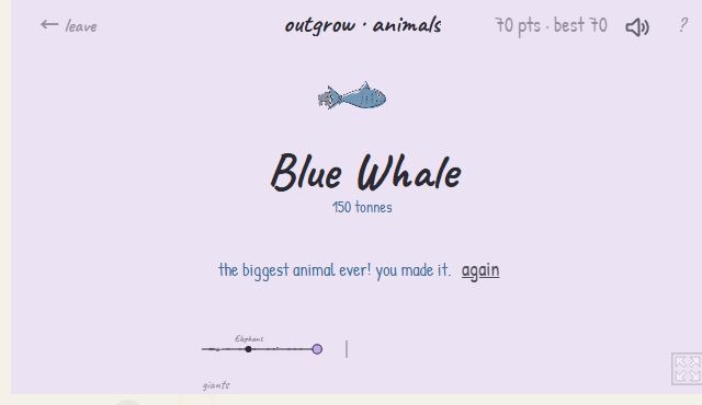 Blue Whaleが150 tonnes、70 pts。最大の動物に到達した完了表示