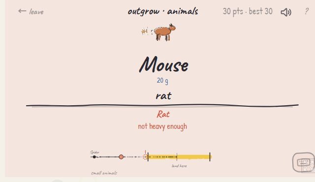 現在の動物Mouseは20g。入力したRatに対し「not heavy enough」と表示され、30 ptsのまま