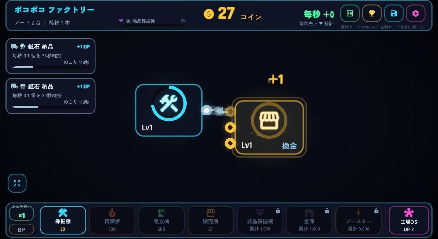 採掘機と販売所の間に線がつながり、鉱石アイコンと複数の「鉱石 納品」カードが表示された盤面
