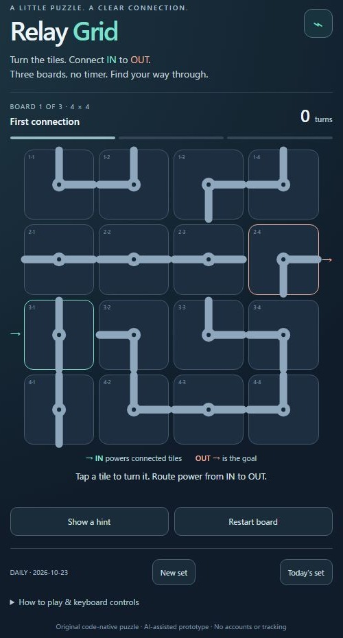 Relay GridのBoard 1 of 3。4×4の配管タイルが並び、INとOUTは未接続で0 turns
