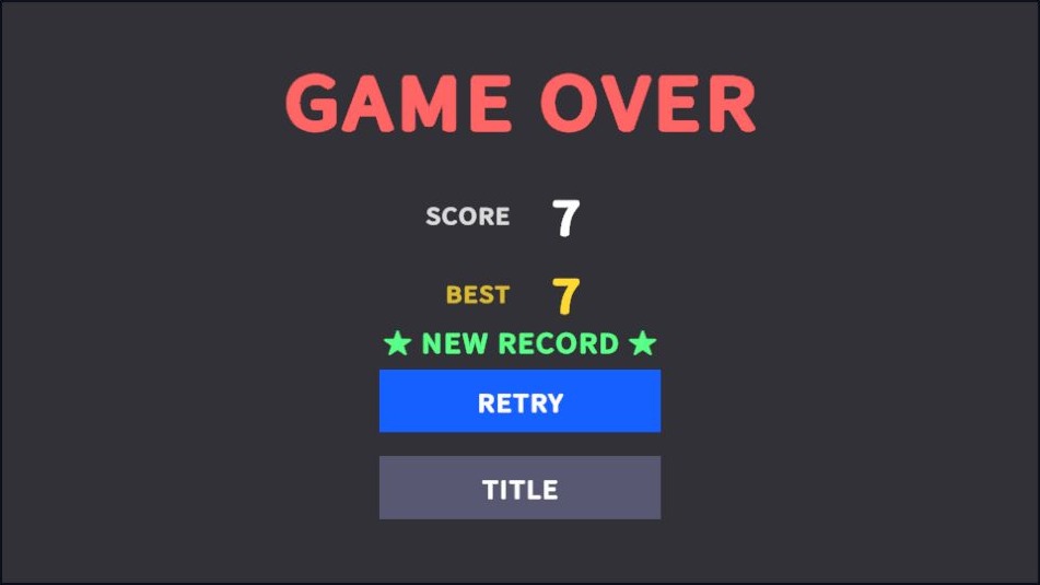 スコア7、ベスト7と表示されたゲームオーバー画面。
