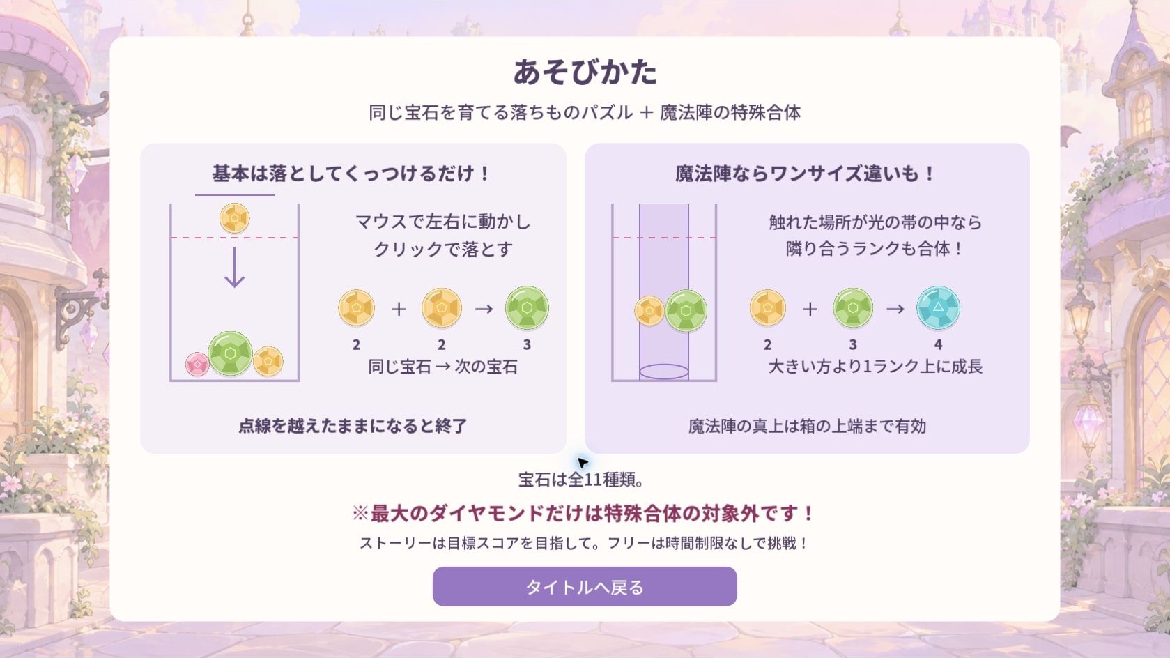 遊び方画面。同じ宝石の合体と、魔法陣の光の帯で一段違いも合体するルールを図解。