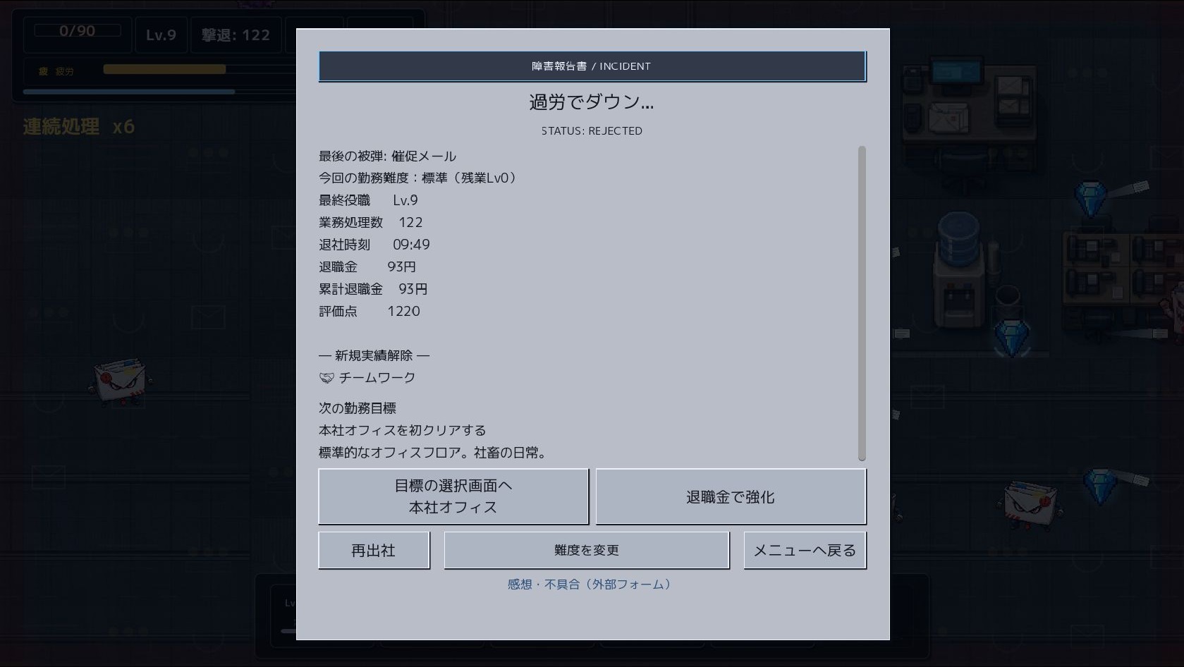 過労ダウンの結果画面。標準・残業Lv0、最終職級Lv9、撃退122、09:49、退職金93円、評価点1220と表示されている