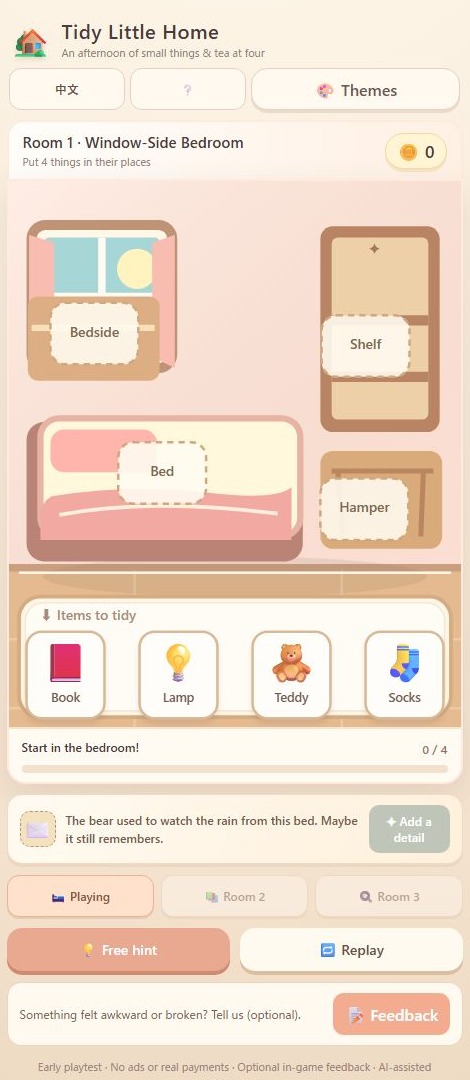 Tidy Little Homeの寝室。ベッド、棚、かご、ベッドサイドの置き場所と、片付ける本・ライト・ぬいぐるみ・靴下が並ぶ。