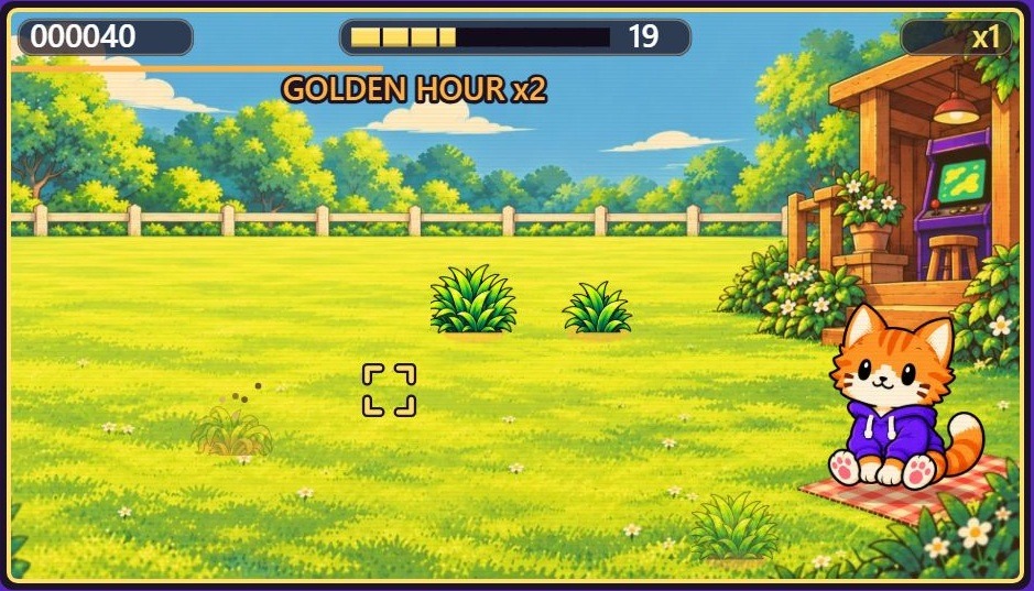 Golden Hour x2の表示中、草と猫がいる芝生画面