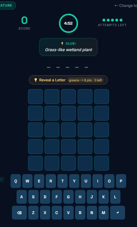 Natureテーマの5文字問題。Grass-like wetland plantという手掛かり、空の5文字盤と英字キーボードが表示。