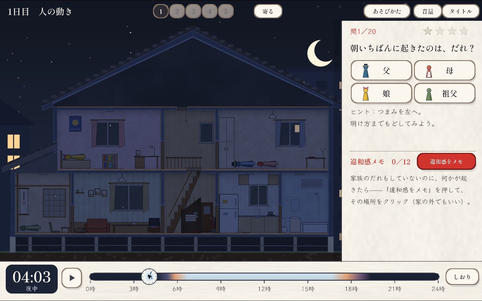 1日目の4時03分。暗い家の断面図と、時刻を戻すためのタイムライン。