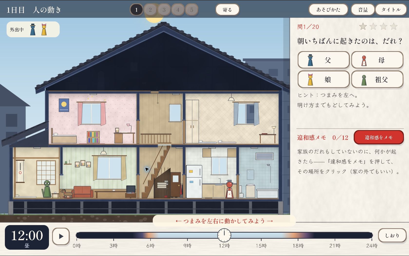 1日目の12時。家の断面図、人物の移動表示、朝の起床を問うパネルと時間軸。
